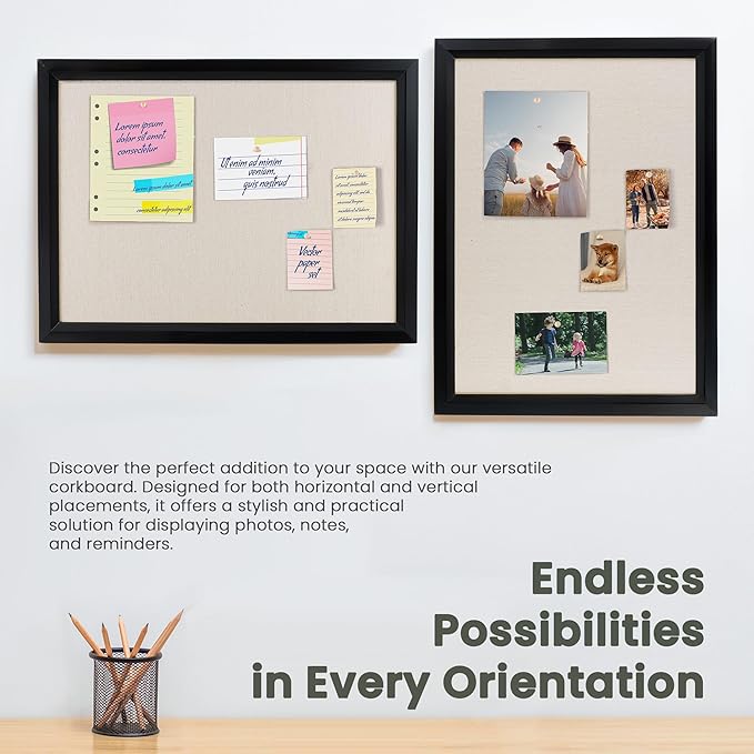 Bulletin Board Cork Board with Linen, 100% Wood Framed 18" x 24" Bulletin Board Decorations, Pin Boards for Walls, Wall Mounted Fabric Picture Board with 10 Pushpins for School, Home & Office, Black