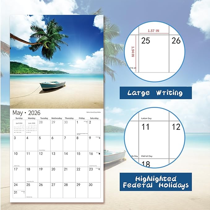 2026 Wall Calendar,Calendar 2026, July 2025 - December 2026, Wall Calendar Beaches Island, 12" x 24" Opened,Full Page Months Thick & Sturdy Paper for Calendar Organizing & Planning