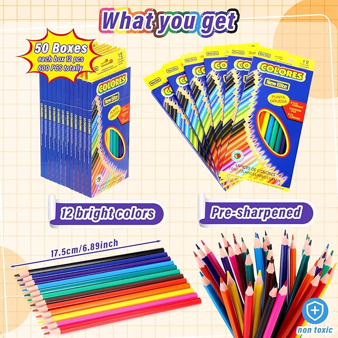 600 Count Colored Pencils Bulk, 12 Assorted Colors, 50 Packs Pre-sharpened Colored Pencils Back to School Supplies Aesthetic Kit for Kindergarten Preschool, with 24 Pcs Sharpeners