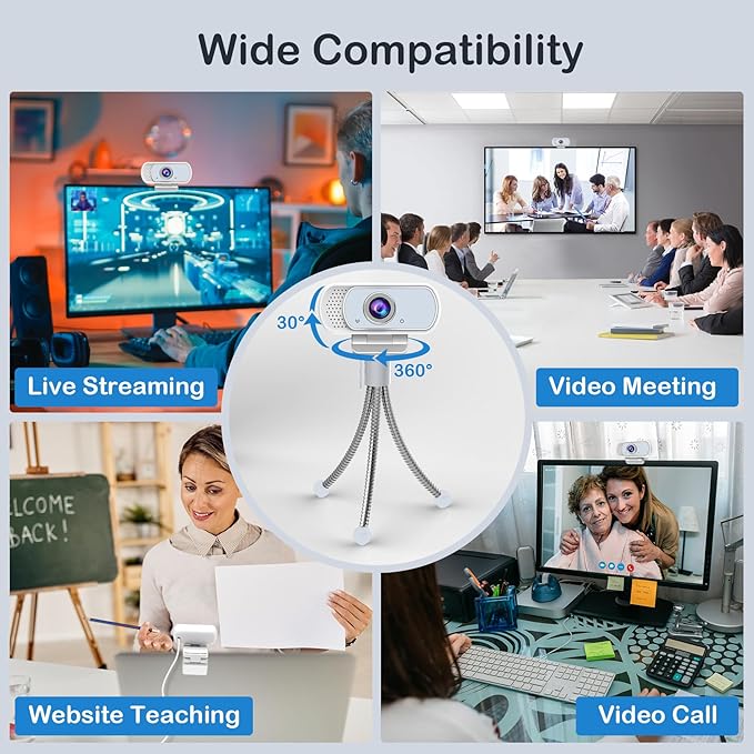1080p White Webcam with Microphone, USB Web Camera 110-Degree View Angle Computer Camera,Webcam Tripod/Privacy Cover/USB C Adapter Include,Plug and Play Web Cam for Video Conferencing Streaming