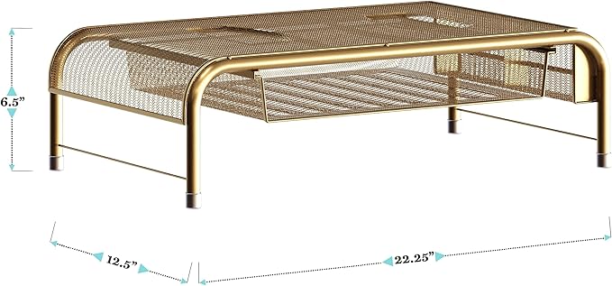 Martha Stewart Ryder Gold Mesh Metal Desktop Monitor Stand Riser with Organizer Drawer and Side Storage, 12.5 x 22.25 x 6.5 inches