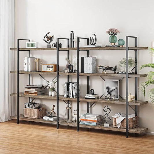 Bookshelf Set of 2, Heavy Duty 4-Tier Industrial Bookcase, 47" Wide Wood Bookshelf for Home Office, 120lbs Shelf Capacity, Rustic Display with Horizontal Shelf for Living Room Bedroom,Grey