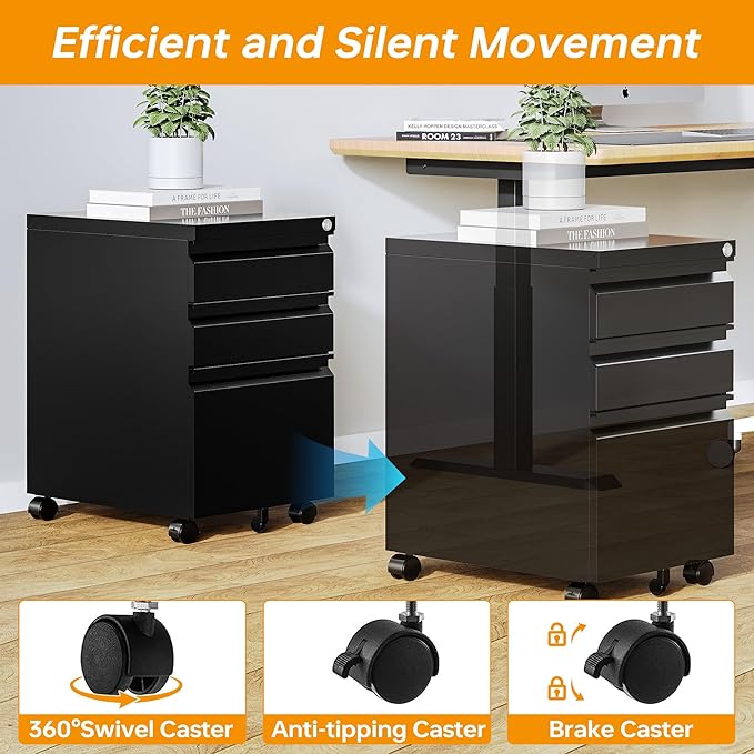 STANI 3 Drawer Mobile File Cabinet with Lock Rolling Mobile File Cabinet Locking Office Mobile Cabinet with Wheels Under Desk Office Drawers Metal Filing Cabinet Fully Assembled