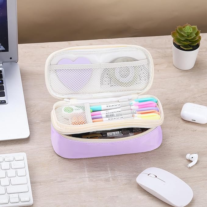 Pencil Case Aesthetic Pencil Bag with Zipper Pencil Pouch Big for Girls Kids Teens Adults Stationery Pencil Case Organizer for School Purple