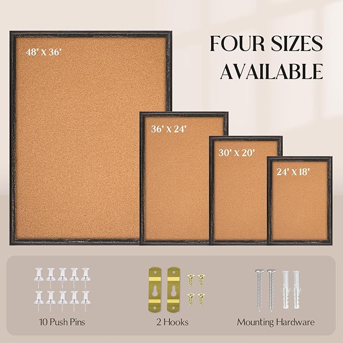 Cork Board Bulletin Board, 30" x 20" Corkboard for Wall, Rustic Black Wooden Frame, Decorative Hanging Pin Board for Home Office Room Decor, 10 Push Pins