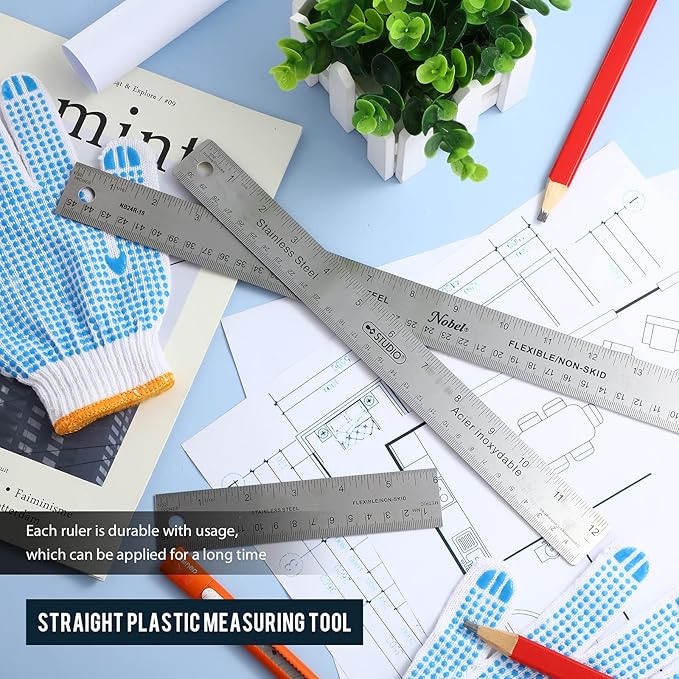 Frienda 2 Pcs Metal Ruler Cork Backed 6 Inch and 12 Inch Stainless Steel Rulers with Cork Backing Non Slip Straight Edge Measure Ruler for Student Graduation Back School Supply