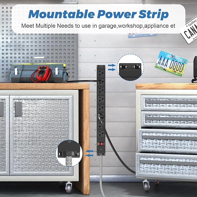 HEZI 20 Amp Power Strip Surge Protector 1200J, Metal 8 Outlets Heavy Duty 20amp, 10Ft 12 Gauge Extension Cord for Appliance Workbench Garage Industrial, Combine with T-Plug Adapter,5-20R T-Slot