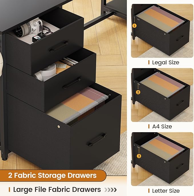 SEDETA L Shaped Computer Desk, 58'' Office Desk with 3 Drawers and Bookshelf, L Shaped Corner Desk with Storage Shelves and LED Light for Home Office, Gaming Desk, L Desk, Black