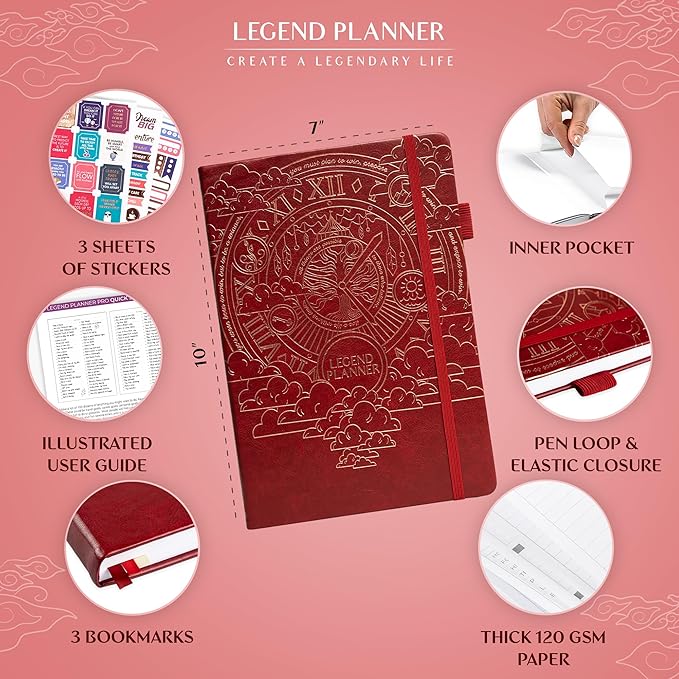Legend Planner PRO – Deluxe Weekly & Monthly Life Planner to Increase Productivity and Hit Your Goals. Time Management Organizer Notebook – Undated – 7 x 10" Hardcover + Stickers – Wine Red