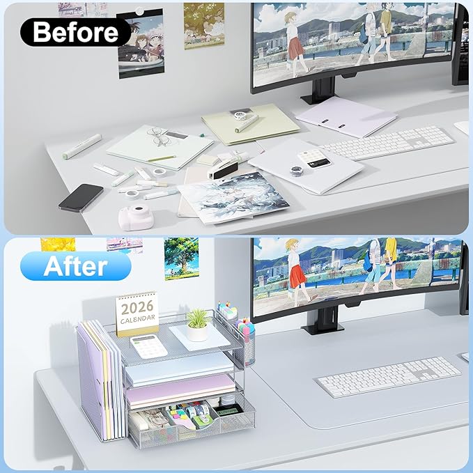 gianotter Desk Organizers and Accessories with File Holder, 4-Tier Desk Accessories & Workspace Organizers with Drawer and 2 Pen Holder, Paper Organizer for Office Supplies (Grey)