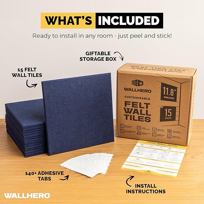 Large Cork Board Alternative | 15 Pack | Sizing Up to 59”x36”, Felt Wall Tiles, Office Wall Decor, Large Cork Boards for Walls, Corkboard, Cork Board for Office, Pin Board, Blue