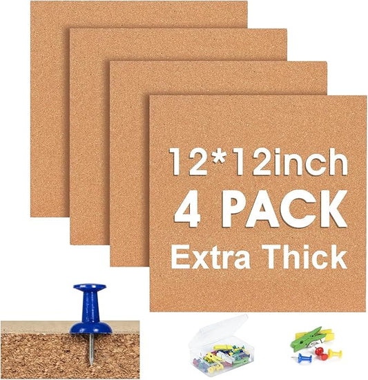 Cork Bulletin Square Board for Walls - SVOPY 4 Pack Extra Thick 12x12 Inches Cork Board Tiles for Home Office Decor, Cork Sheet,School Message Board Decorative Display Boards