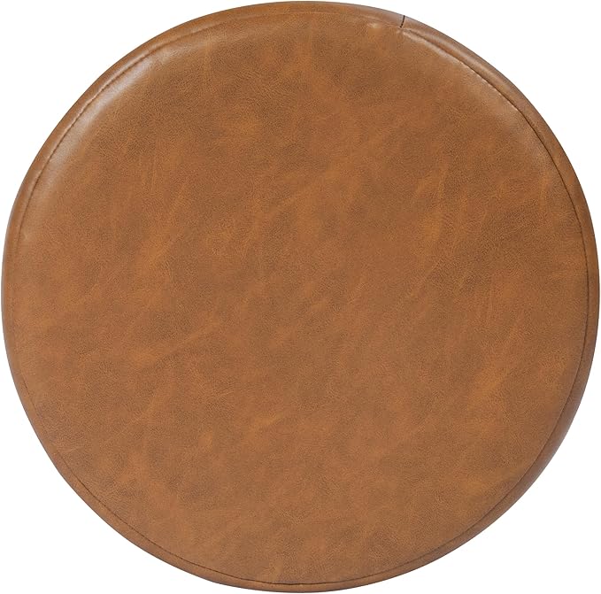 HomePop Upholstered Faux Leather Round Ottoman Home Décor|Foot Rest Ottoman- Carmel Brown