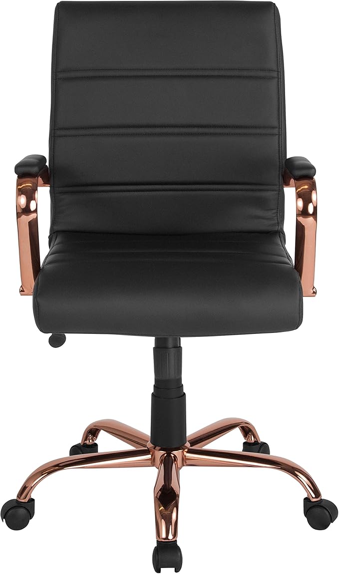 Flash Furniture Whitney Mid-Back Swivel LeatherSoft Desk Chair with Padded Seat and Armrests, Adjustable Height Padded LeatherSoft Office Chair, Black/Rose Gold