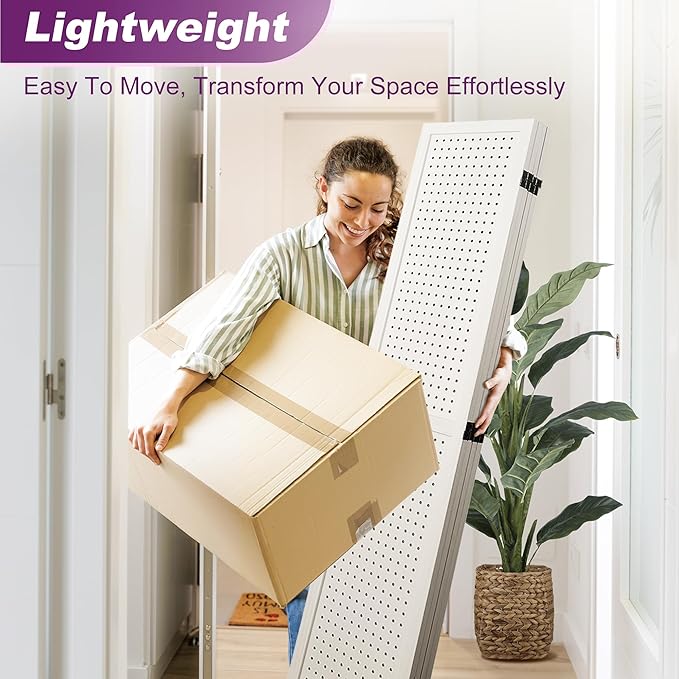 Room Divider, 5.6FT Folding Room Divider Panel, 4 Panel Pegboard Display Wood Partition Wall Divider for Room Separation& Craft Shows, White