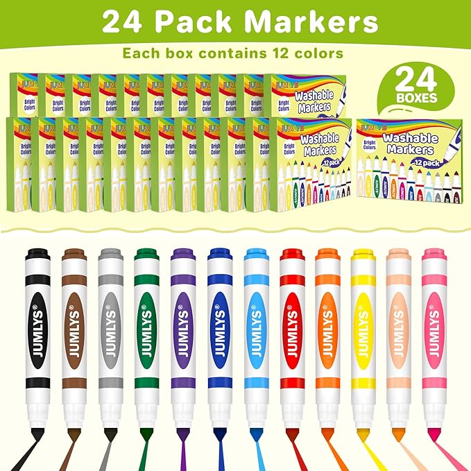 Jumlys 24 Boxes Washable Markers with 12 Colors, Bulk Color Marker for School Classroom, 288 Count Broad Tip Markers for Kids, Classroom Must Haves