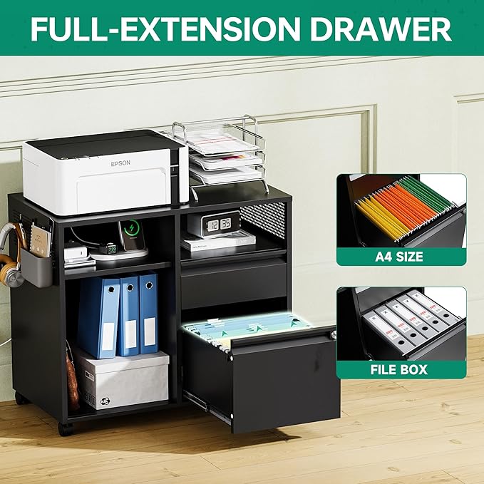 Letaya Mobile File Cabinet, Metal Lateral Rolling Printer Stand Filing Cabinets with Shelves for Home Office-Storage A4/F4/Letter (Black)