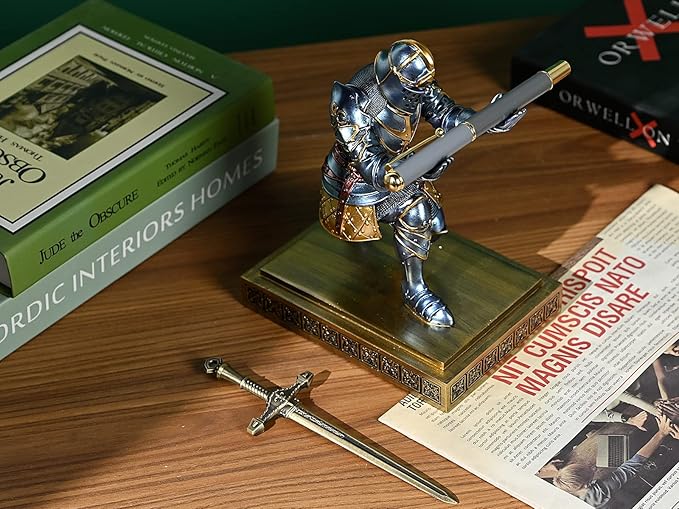 King's Guard Knight Pen Holder Pen Stand Desk Organizers and Accessories Resin Pencil Holder as Gift for Office and Home (Blue)