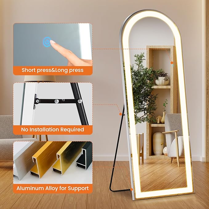 71" x 26" Arched Full Length Mirror with LED Lights, Floor Mirror with Stand, Full Length Body Floor Mirrors, Wall Mounted Mirrors for Bedroom Dimmable Tempered Glass