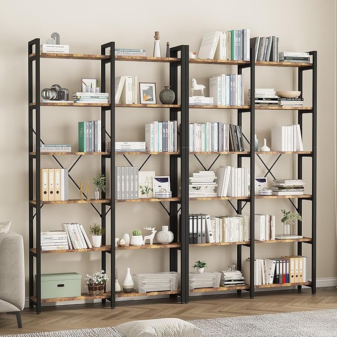 oneinmil Bookshelf 6 Tier, 71.5'' Industrial Wood Bookshelves, Book Shelf with 12 Open Display Shelves & Metal Frame, Tall Bookcase for Home and Office, Rustic Brown