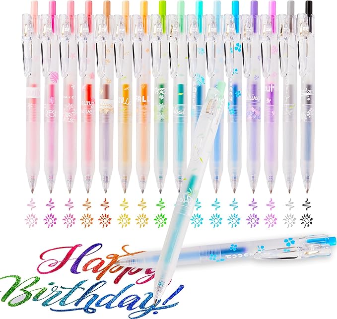 EooUooIP Glitter Gel Pens, 16 Assorted Colors 0.7MM Fine Tip Retractable Rolling Ball Pens, Quick-Drying Ink Sparkly Gel Ink Pens for Adults Journaling Coloring Books Drawing Doodling