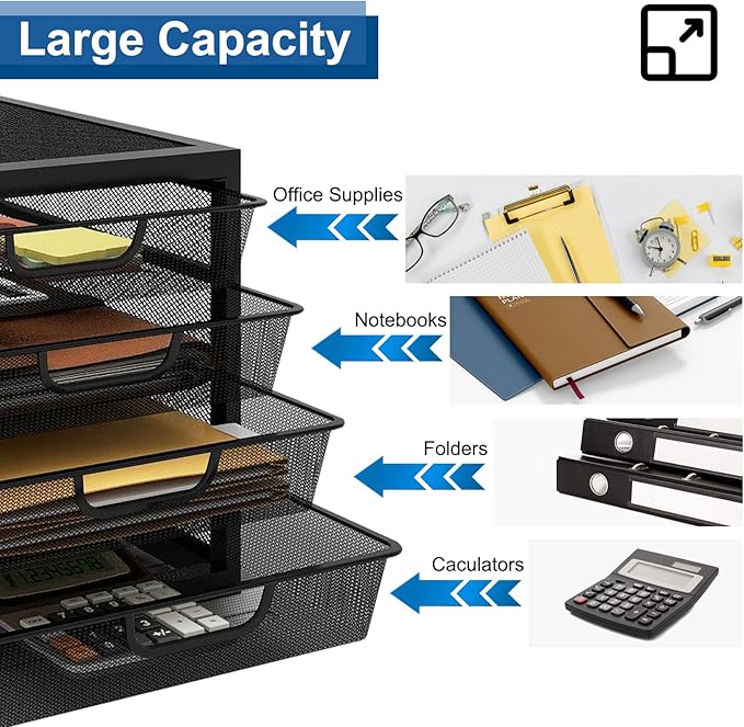 Natwind Mesh Desk Organizer with 4 Tier Sliding Drawers, Office Supplies Desktop Organizers and Accessories Stationery Storage, Paper Sorter, File Binder Organizer for Home Office School,Black