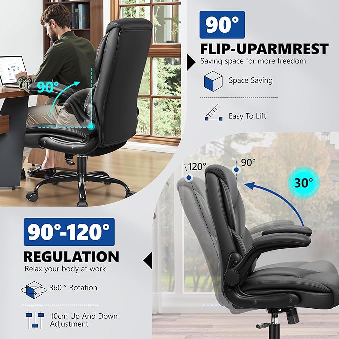 PU Leather Executive Office Chair, Ergonomic High-Back Computer & Gaming Chair with Adjustable Height, Rolling Swivel & Flip-Up Armrests, Comfy Padded Seat for Home Office-Black