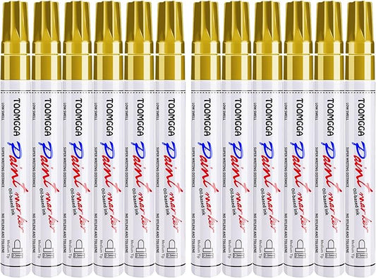 Gold Paint Pens Permanent Paint Markers 12 Pack Oil Based Markers, Quick Drying and Waterproof Marker Pen, Car Tire, Metal, Rock Painting, Wood, Ceramic, Plastic, Canvas, Mugs, Medium Tip