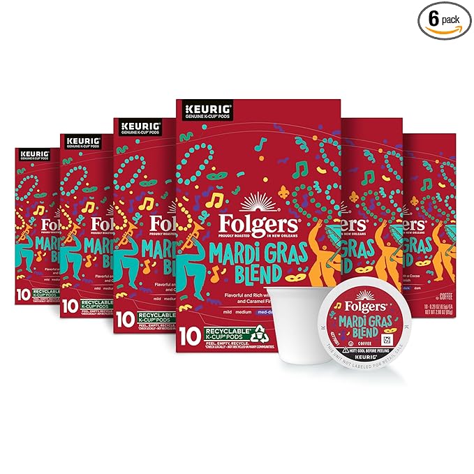 Folgers Mardi Gras Blend Medium-Dark Roast Coffee, Keurig K-Cup pods, 10 Count Box (Pack of 6)