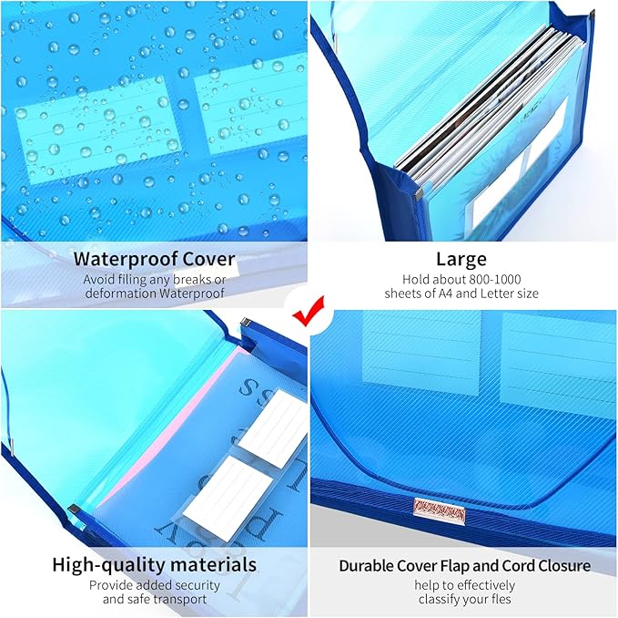 Expanding File Folder Document Organizer r with Flap and Cord Closure, Waterproof Transparent Document Bag, 2.8" Expansion, Letter A4 Expandable File Folder for Home School Office Organization，5 Pack