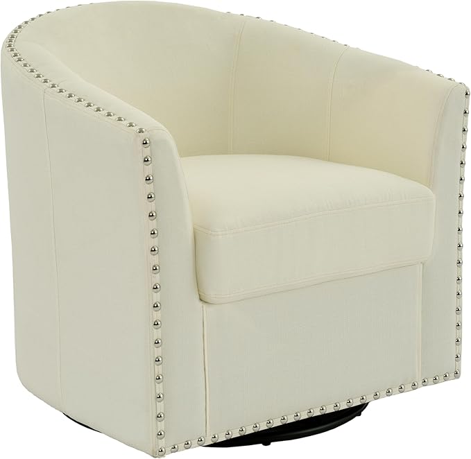 UIXE 360° Swivel Barrel Accent Chair, Modern Upholstered Arm Chair Round Club Armchair, Nailhead Trim Single Sofa Seating in Fabric for Living Room - White