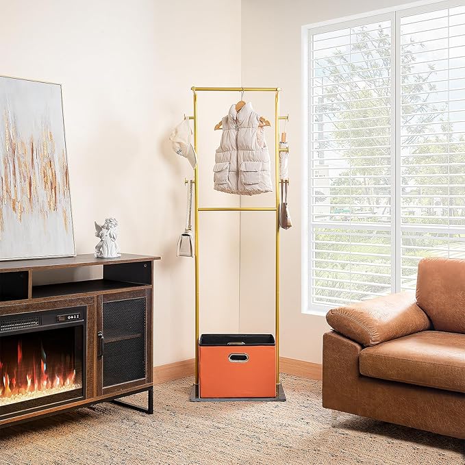 Heavy Duty Coat Rack with Storage Basket Metal Hanging Clothes Rack with Marble Base Modern Standing Clothing Rack for Entryway Bedroom Living Room Hotel 19.69 x 13.39 x 67.72 Inches (Gold)