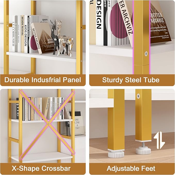 Yusong Bookshelf Triple Wide 5 Tier Bookcases with Storage Cabinet, Industrial Large Modern Tall Bookshelves with 12 Open Display Shelves for Living Room Office Bedroom, White and Gold