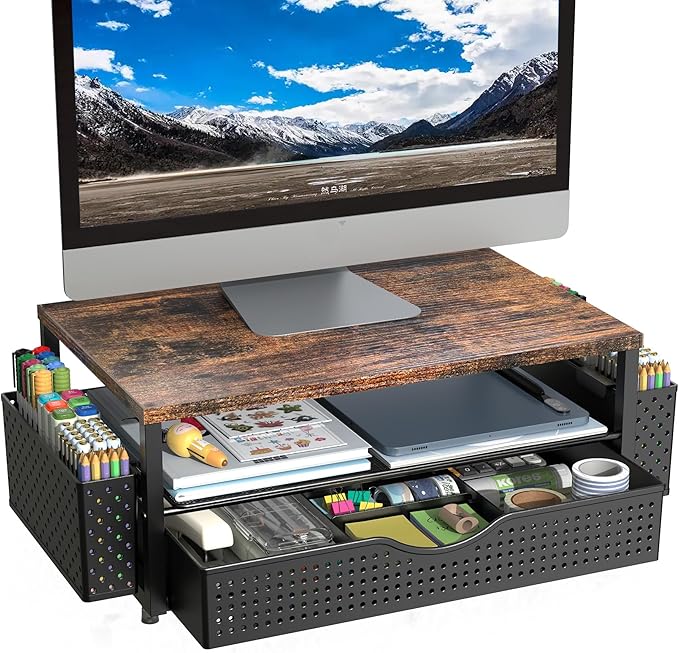 Desk Organizer and Accessories, Computer Monitor Stand Riser with Drawer and 2 Pen Holders, Office Desk Accessories & Workspace Organizers for Office Supplies (Wood)