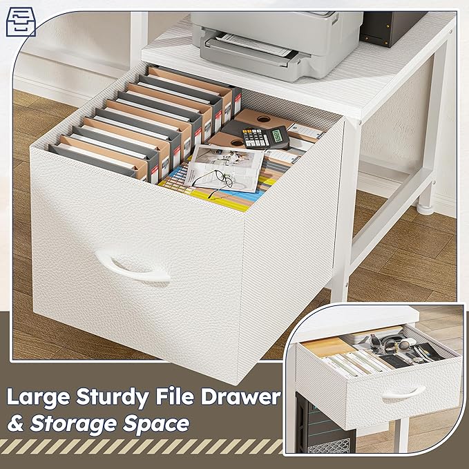 L Shaped Computer Desk with Drawers, Gaming Desk with LED Lights & Monitor Shelf, Office Desks with Power Outlets, Corner Desks for Home Office, Study Room and Bedroom, White