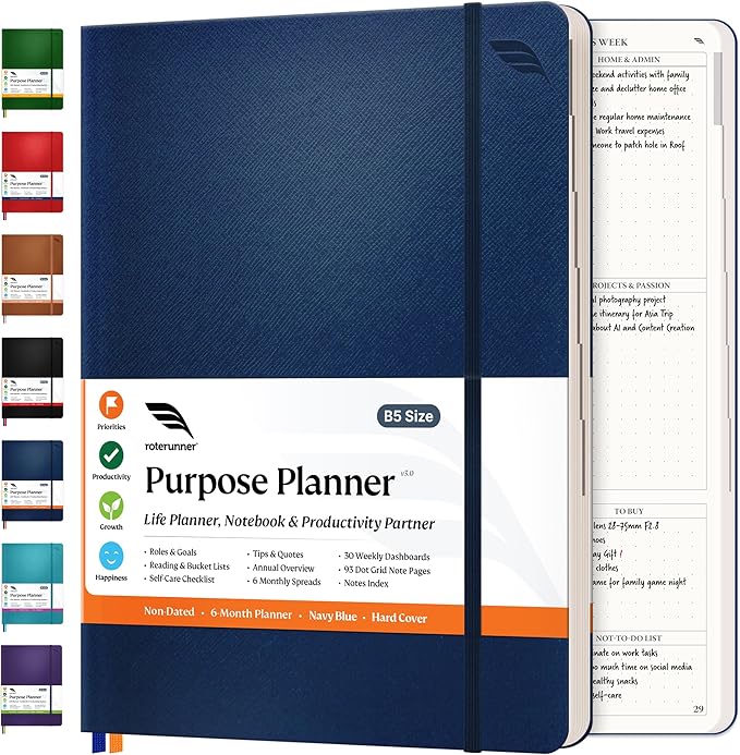 Roterunner Purpose Planner Notebook B5 7.5”x9.8” Undated Planner 2025 Daily Weekly and Monthly Productivity Goal Setting Tool for Work Home ADHD Planner for Adults Self Care Journal