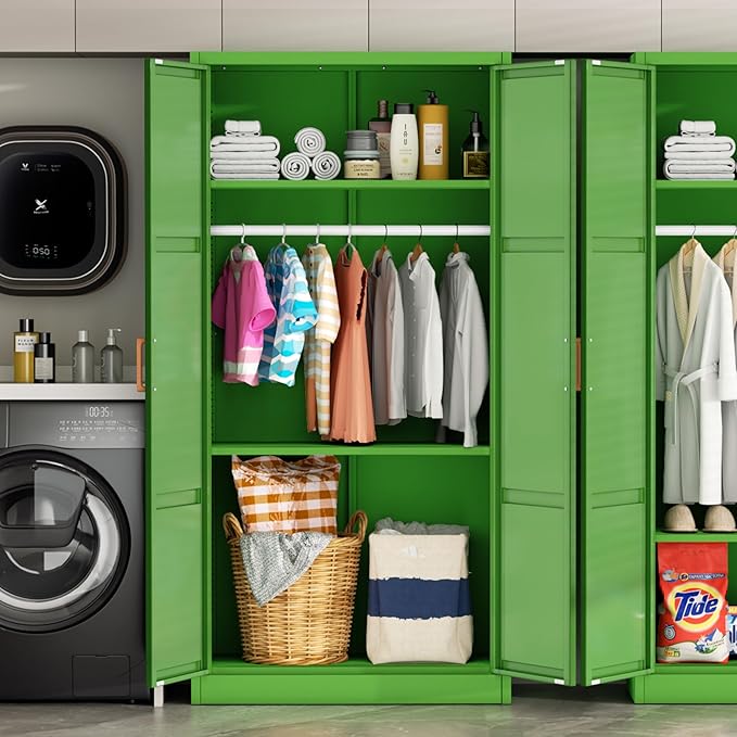 Greenvelly Metal Wardrobe Cabinet with Wooden Handle, 72" Metal Wardrobe Closet with Hanging Rods and Adjustable Shelves, Clothing Storage Closet Cabinet for Home, Office, Employee, Gym (Green)