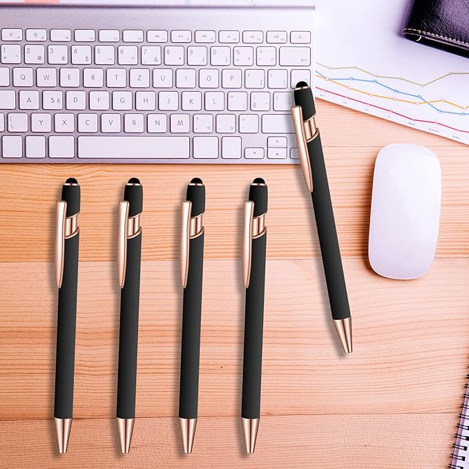 8 Pcs Blue Ink Ballpoint Pen with Stylus Tip 2 in 1 Stylus Ballpoint Pen Metal Pens Stylus Pen for Touch Screens School Office Coworkers (Black Rose Gold)