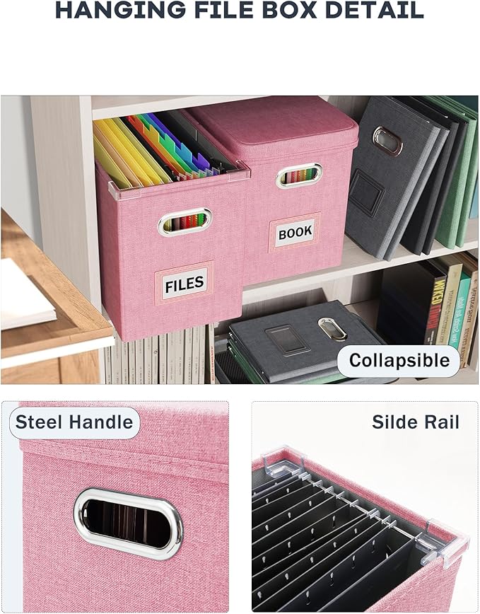 Oterri File Organizer With Lid, Hanging Filing Box With Mesh Pocket, Document Organizer for Letter Files, Portable Storage With Smooth Sliding Rail for Office & Home (2 PCS, Pink)