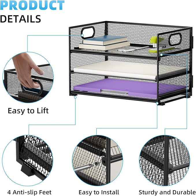 Marbrasse 3 Tier Paper Organizer Letter Tray, Mesh File Organizer with Handle, Paper Sorter Desk Organizer for Home Office Supplies - 2p