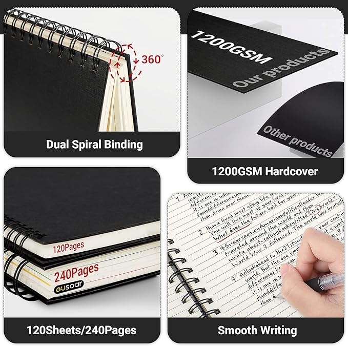 EUSOAR College Ruled Spiral Notebook, 3 Pack A5 5.5"x 8.3", 100gsm Paper, 120 Sheets/ 240 Pages, Black Hardcover 5 Subject Spiral Lined Notebooks, for Note Taking School Business Work Writing Diary