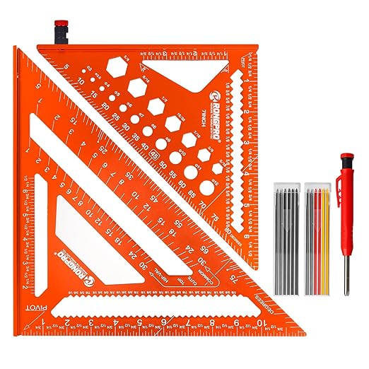 2pcs Rafter Square, 12-inch & 7-inch Carpenter Sqaure Set with Woodworking Pencil, Carpenter Measuring Layout Tool, Aluminum Alloy Triangle Ruler for Woodworking- Imperial