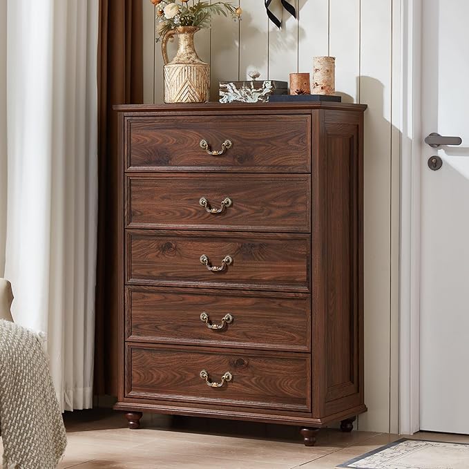 Farmhouse 5 Drawer Dresser Set of 2 for Bedroom, 45" Tall Rustic Chests of Drawers w/ 4 Solid Wood Feet, Mid Century Vintage Wooden Closet Storage Dressers Organizer for Living Room, Brown