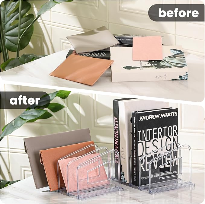 File Organizer, Acrylic File Folder Organizer File Sorter, Plastic Vertical Book Dividers for Magazine Mail Letter Paper, Desktop Organizers for Office, Classroom & Home(4 Sections, 2 Pack)