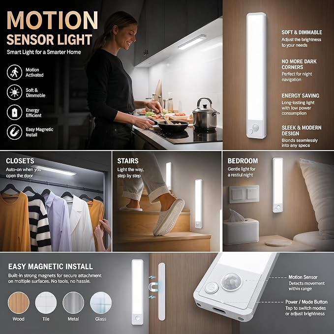 Under Cabinet Motion Sensor Lighting: 10 Inch Dimmable Rechargeable Lights - Image 3