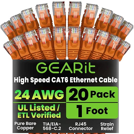 GEARit Cat 6 Ethernet Patch Cable 1 ft Orange Cat6 Patch Cables 1ft by GEARit