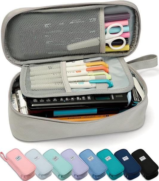 Pencil Case Pouch Box Bag School Supplies Girls Boys Kids, Cute Preppy Stuff Large Big Capacity Aesthetic Pen Organizer, Back to College Stationary, Gray, Classic Stlye, 1800ml