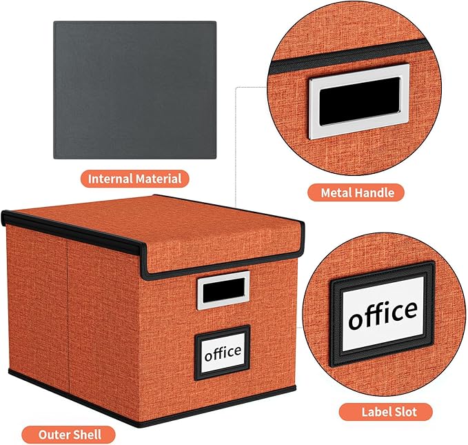 Huolewa Portable File Organizer Box with Lid, Large Linen Hanging Office Document Storage Box with Lid, Collapsible Filing&Storage Box for Office/Decor/Home - 14.9 x 12.7 x 10.8 inch