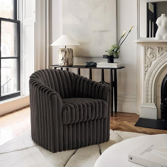 UIXE Faux Fur Swivel Accent Chair, Modern Upholstered Armchair Barrel Club Chair for Living Room, Chocolate