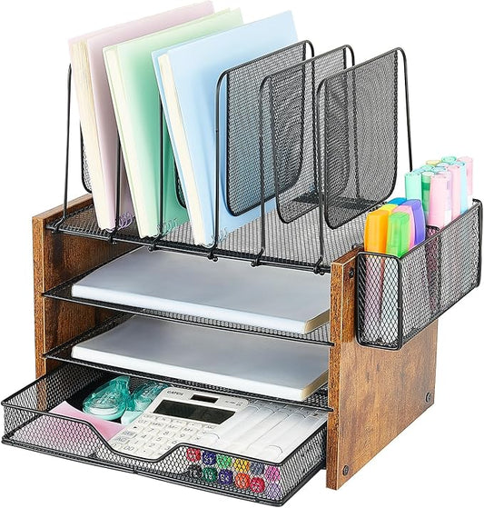 Wood Desk Organizers and Accessories, 4-Tier Workspace Desktop Paper Organizer with Drawer, 5 Vertical File Holders and Pen Holder for Office Supplies